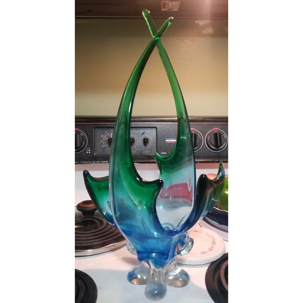 Stunner Lorraine cross-tip basket 17" Tall Blue Green Mid Century - Picture 4 of 10